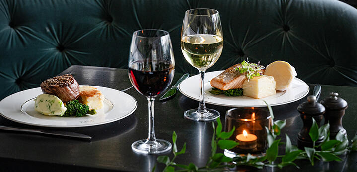 A plate of salmon and a steak paired with two glasses of wine, at The River Lee Hotel. The hotel's menus feature deliciously healthy options to suit all tastes. A plate of salmon and a steak paired with two glasses of wine, at The River Lee Hotel. The hotel's menus feature deliciously healthy options to suit all tastes.